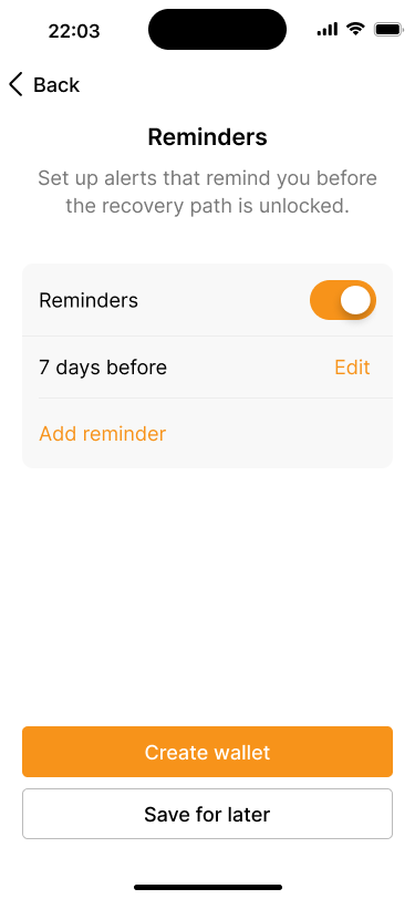 Screen that let's users set up reminders for their recovery path.