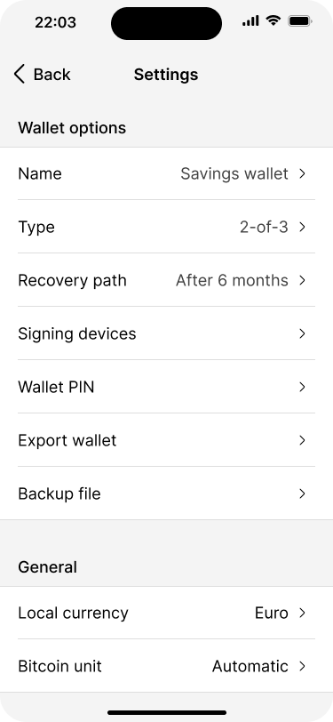 Wallet settings overview screen, showing a list of possible settings.